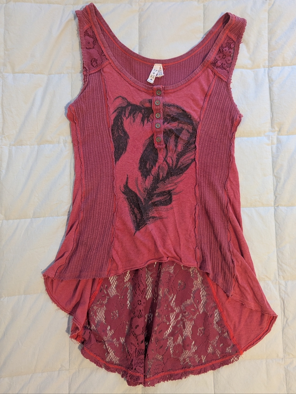 Free People Sleeveless Y2k Lace-Back Feather Print Tank